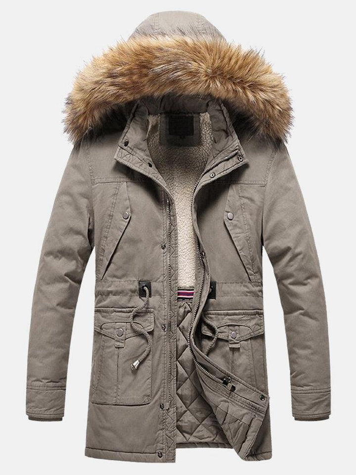Mens Warm Solid Color Windproof Multi Pocket Detachable Faux Fur Collar Hooded Coat - Trendha