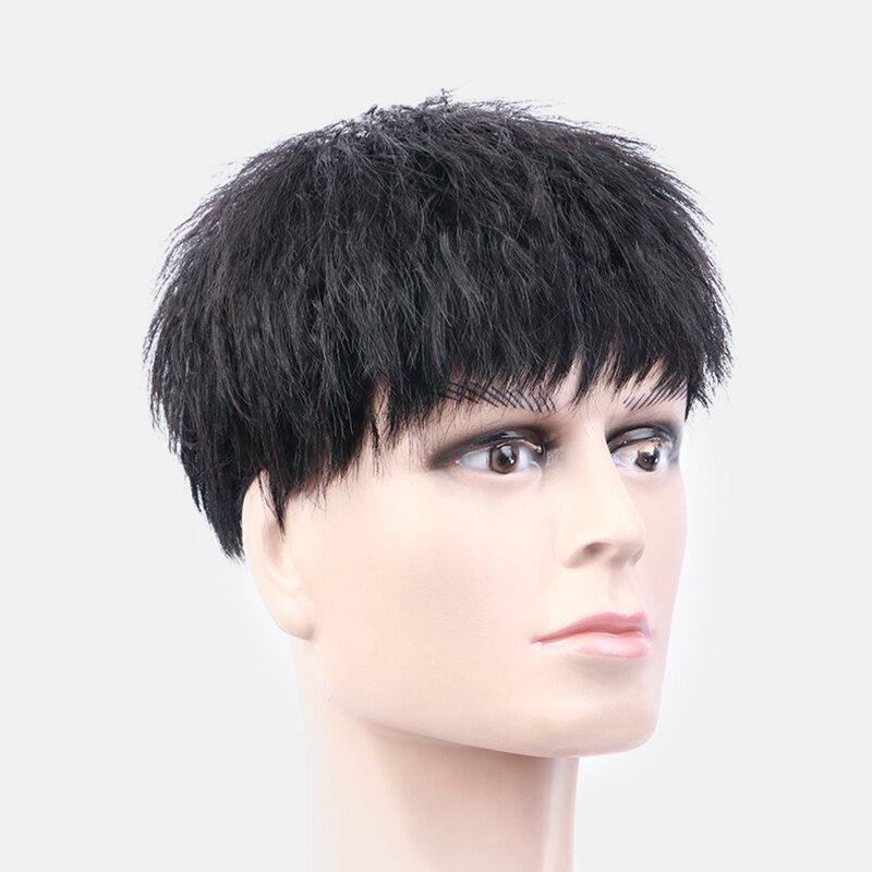 Handsome Men Human Hair Wig Lightweight Breathable Washable Without Trace Short Curly Wig - Trendha