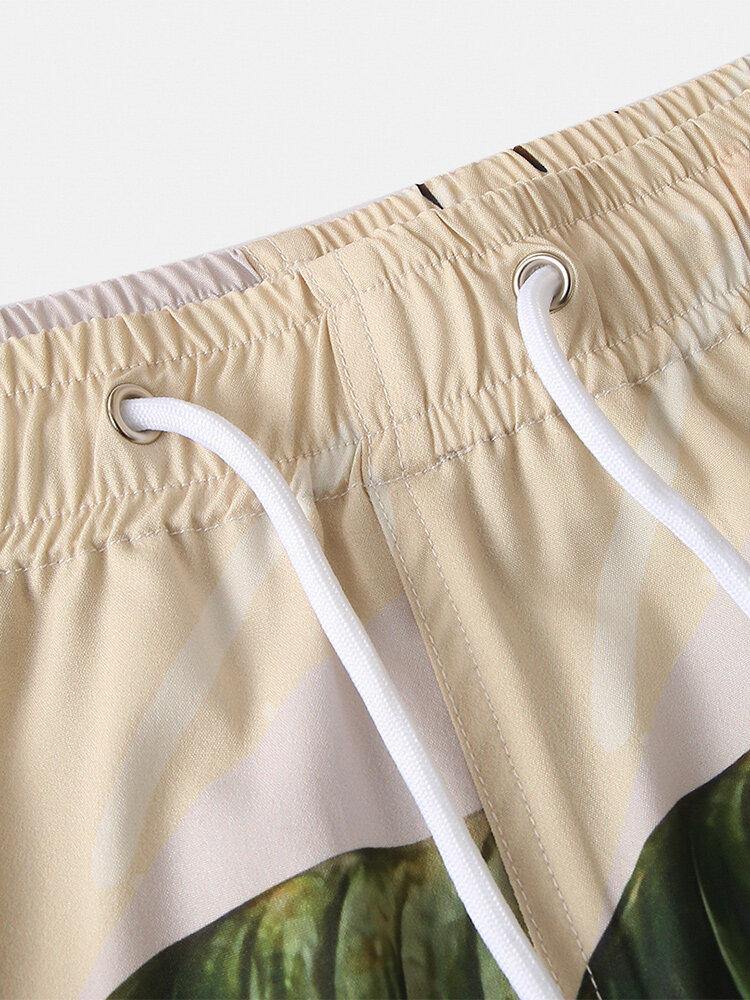 Mens Casual Plants Leave Print Tropical Drawstring Shorts - Trendha