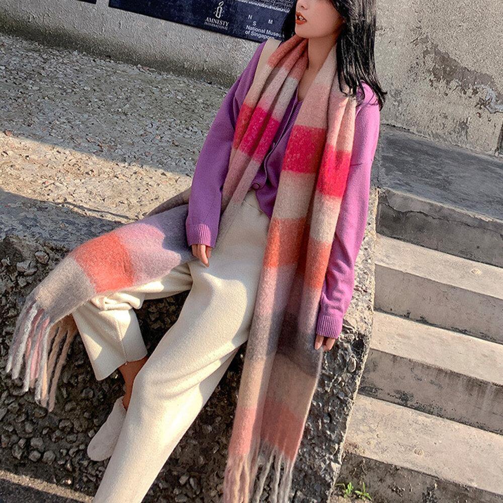 Women Cashmere Dual-use Rainbow Mixed Color Stripes Thicken Warm Plus Long Tassel Scarf Shawl - Trendha