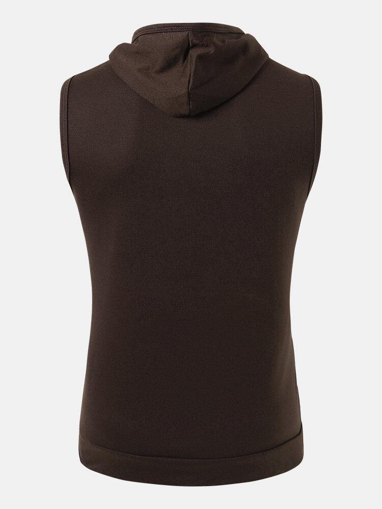 Mens Pure Color Cotton Casual Sleevless Hooded Vests With Pocket - Trendha