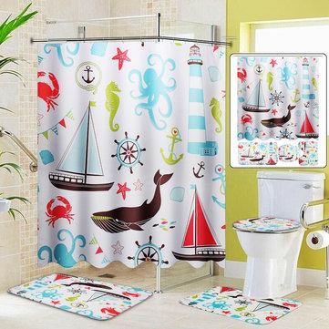 Marine Animal Bathroom Shower Curtain Toilet Cover Bath Mat Non-Slip Rug Set - Trendha