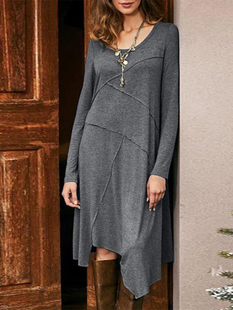 Women Solid Color Long Sleeve Asymmetrical Hem Casual Dresses - Trendha