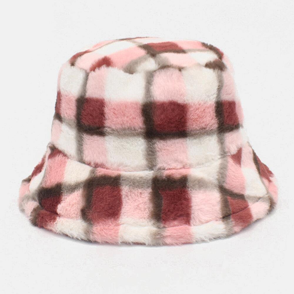 Unisex Lamb Hair Contrast Color Warm Casual Couple Hat Bucket Hat - Trendha