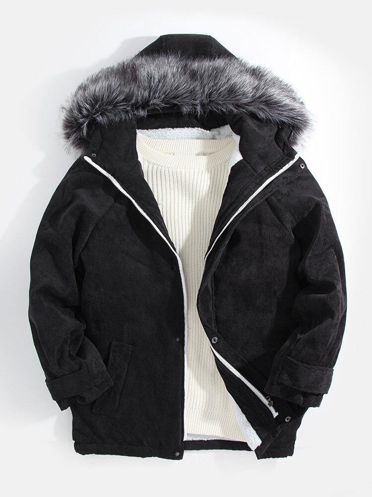Mens Corduroy Faux Fur Collar Hooded Sherpa Lined Simple Coats - Trendha