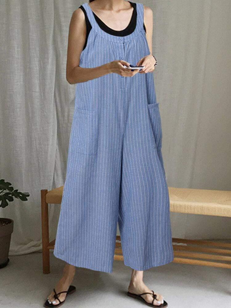 Striped Strap Pockets Simple Causal Wide Leg Jumpsuit For Women - Trendha