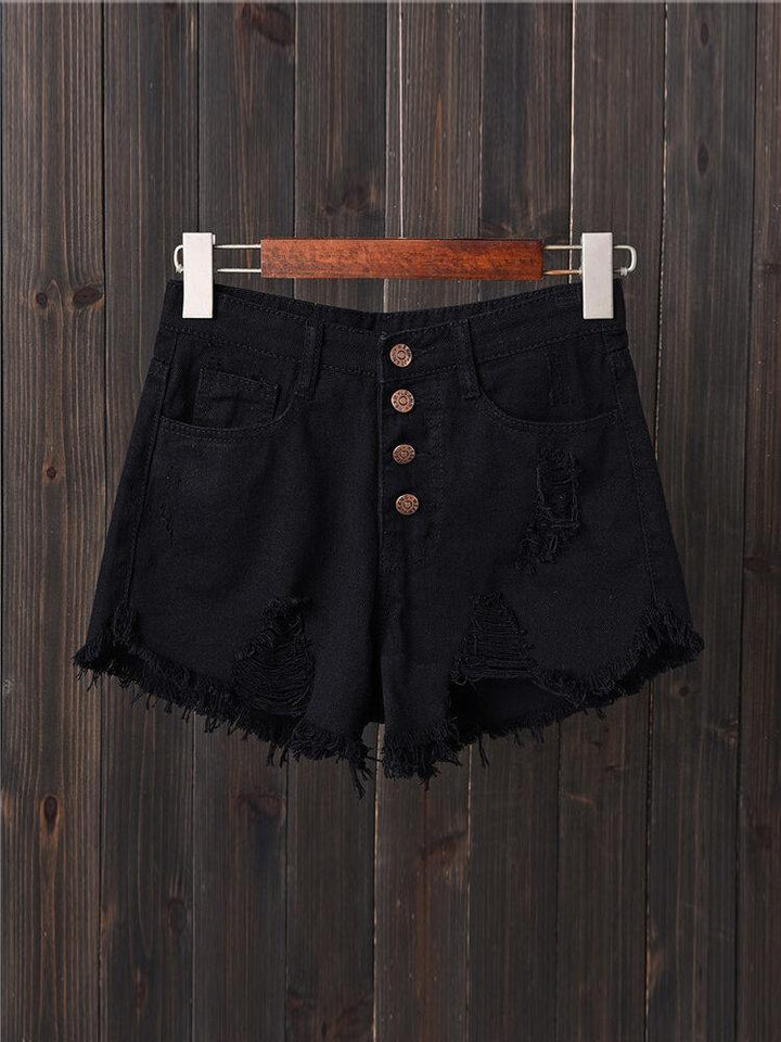 Women Button Up Pocket Loose Hollow Ripped Denim Shorts - Trendha
