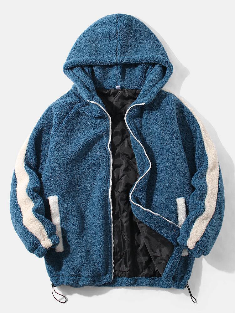 Mens Side Patchwork Zipper Fleece Raglan Sleeves Hooded Jacket With Pocket - Trendha