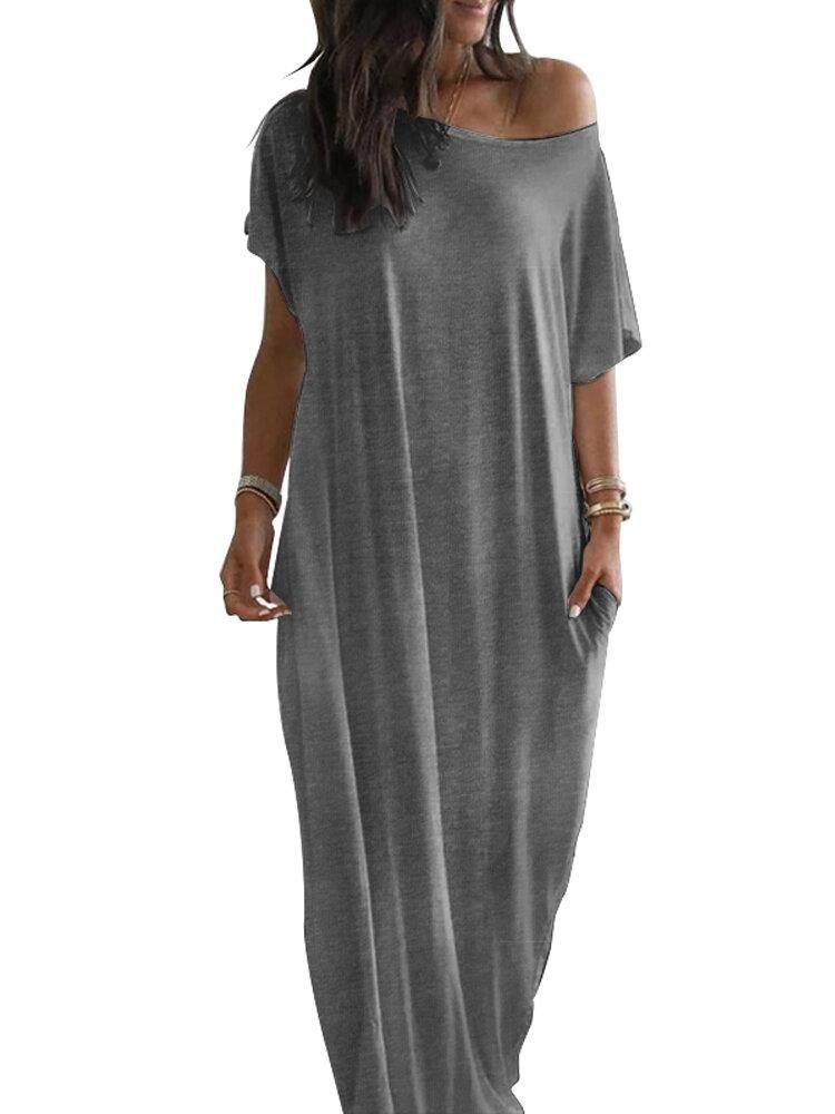Women Raglan Short Sleeve Solid Side Fork Casual Dress With Side Pockets - Trendha