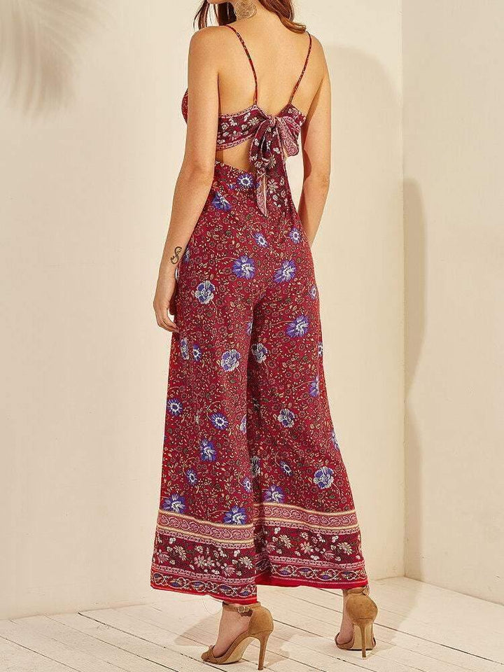 Women Floral Print Ethnic Style Sleeveless V-Neck Wide Leg Jumpsuit - Trendha