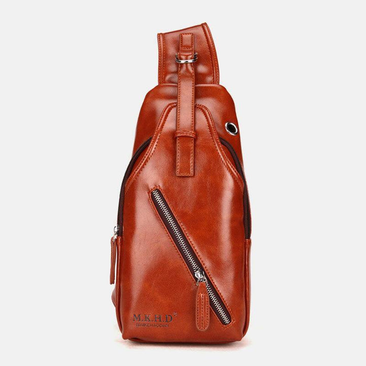 Men Faux Leather Oil Leather Business Casual Travel Waterproof Shoulder Bag Chest Bag - Trendha