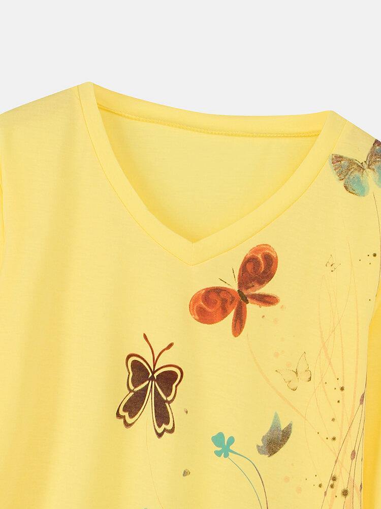 Women Butterfly Print V-neck Regular Fit Long Sleeve Casual T-Shirt - Trendha