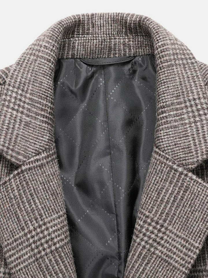 Mens Houndstooth Woolen Single-Breasted Lapel Mid-Length Overcoat - Trendha
