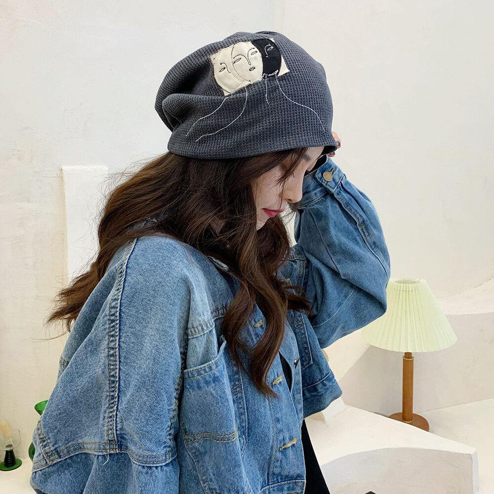 Women Tie Dye Ice Silk Abstract Face Embroidery Wild Confinement Cap Brimless Beanie Knitted Hat Toque Hat - Trendha