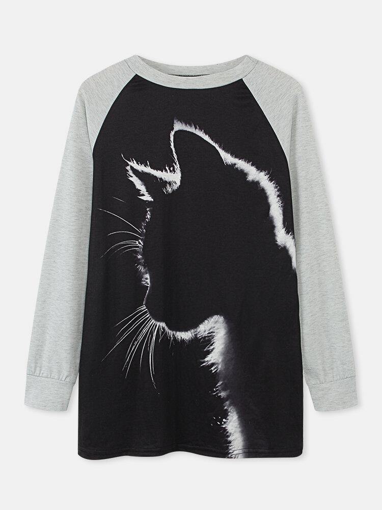 Women Cat Print Round Neck Casual Raglan Sleeve Blouses - Trendha
