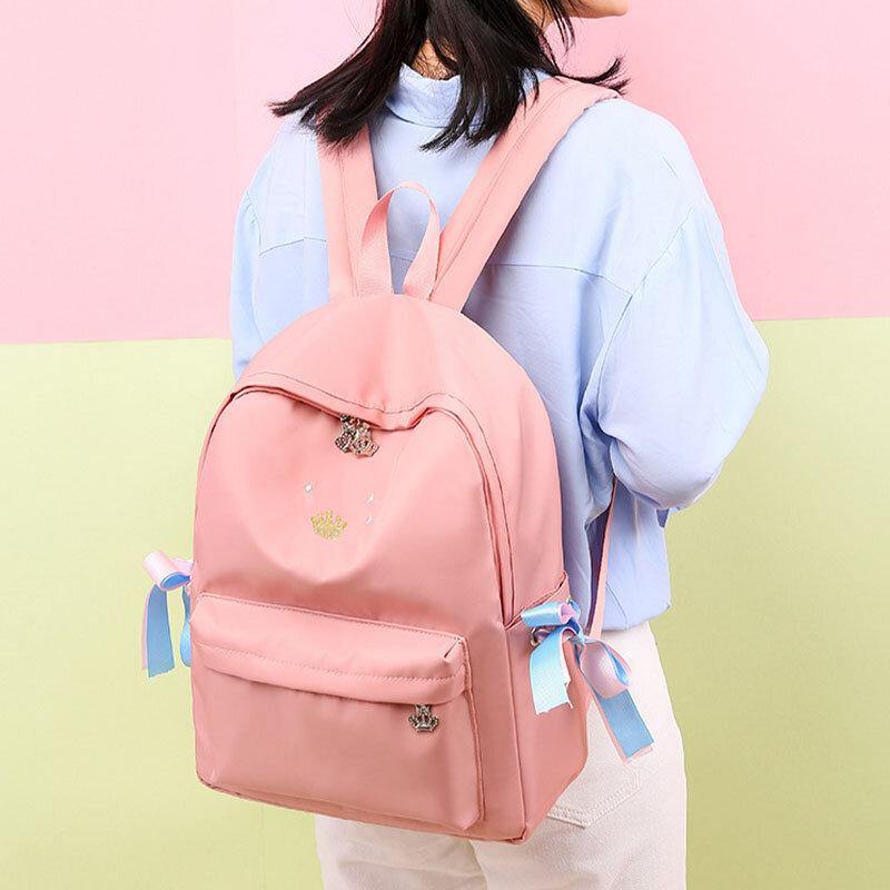 Women Oxford Color Gradient Earphone Hole BowKnot Casual Studeng Bag Backpack - Trendha