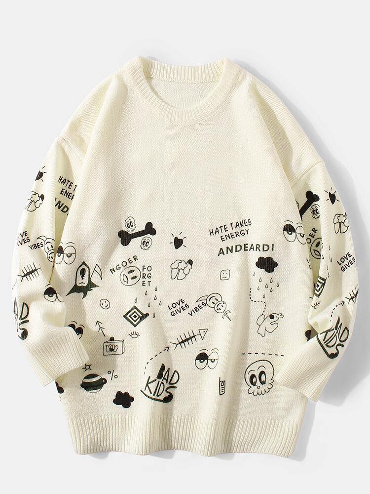 Mens Cute Cartoon Print Round Neck Long Sleeve Knitted Pullover Sweaters - Trendha
