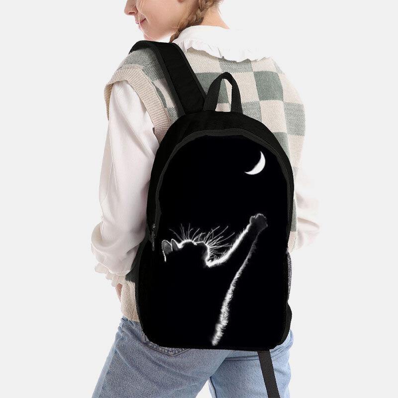 Women Oxford Cloth Casual Cute Black Cat Back View and Moon Printing School Bag Backpack - Trendha