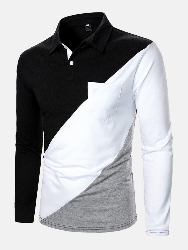 Mens Tricolor Patchwork Long Sleeve Golf Shirts With Chest Pocket - Trendha