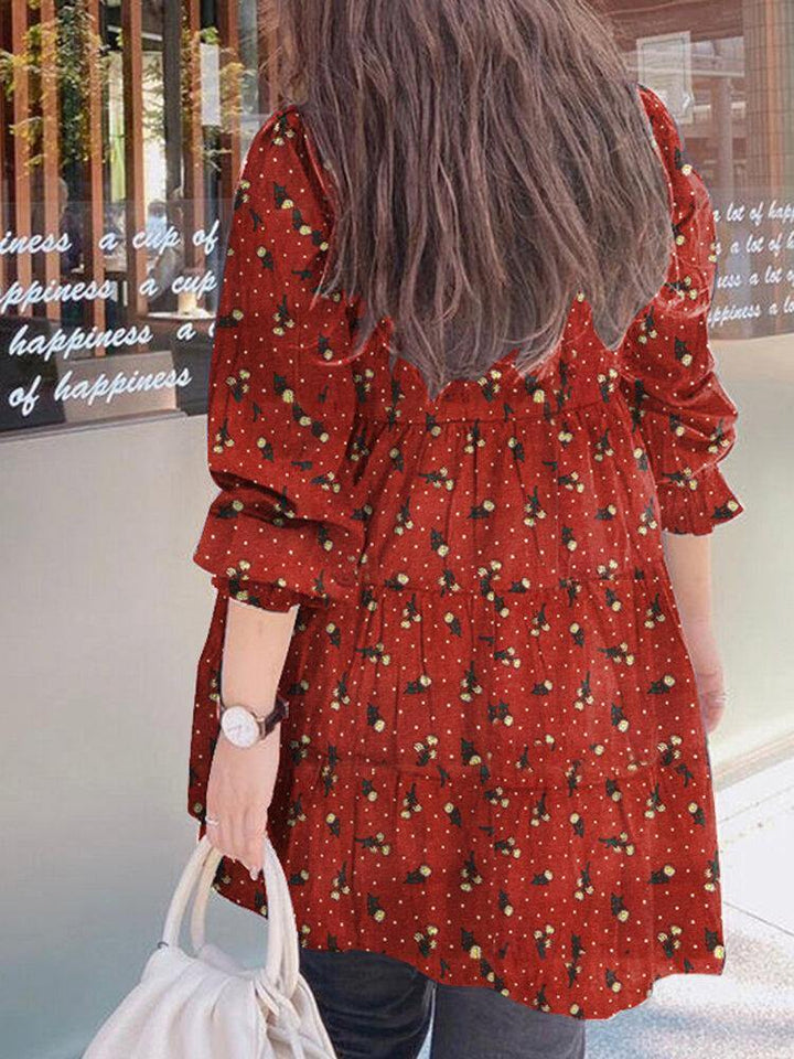 Casual Puff Sleeve Round Neck Long Sleeve Spliced Vintage Pleated Blouse For Women - Trendha