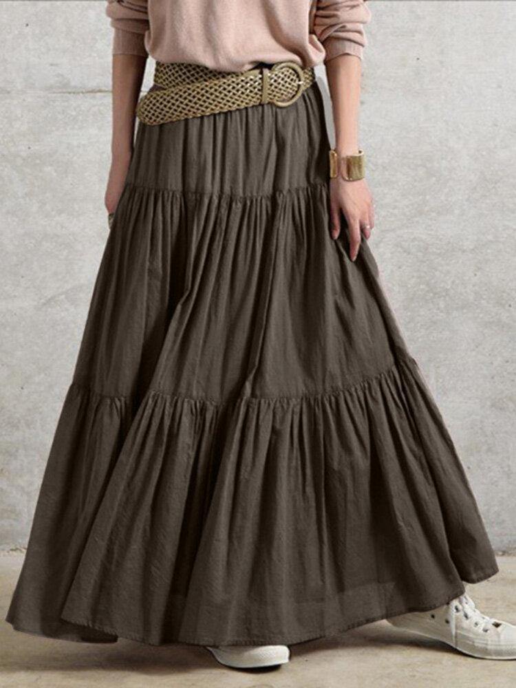 Solid Color Big Swing Elastic Waist Pleated Casual Long Skirt For Women - Trendha