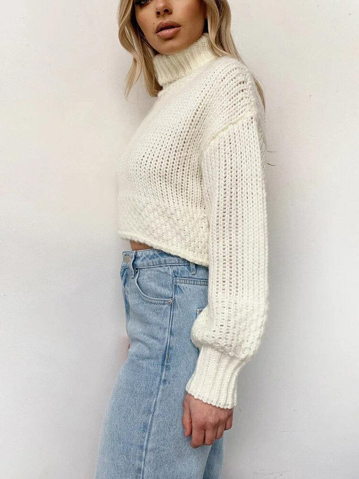 Women High Neck Long Sleeve White Loose Knitted Sweaters - Trendha