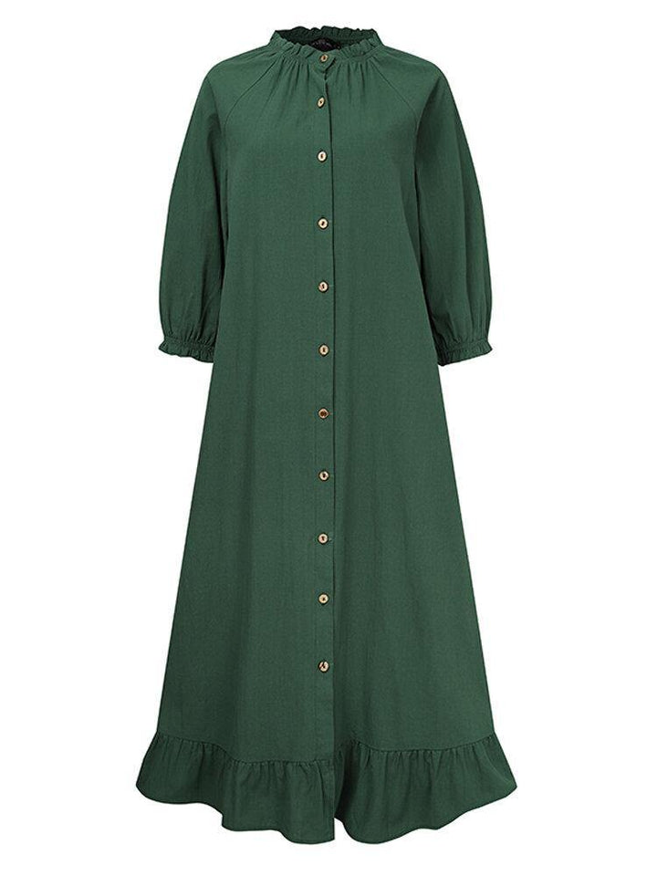 Women Casual Solid Color Puff Sleeve Button Ruffles Hem Shirt Dress - Trendha