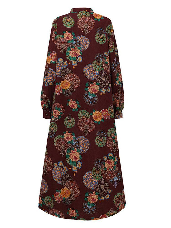 Women Retro Floral Print O-neck Button Robe Shirt Maxi Dress With Pocket - Trendha