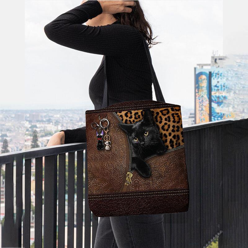 Women Felt Cute 3D Three-dimensional Cartoon Black Cat Pendant Pattern Shoulder Bag Handbag Tote - Trendha