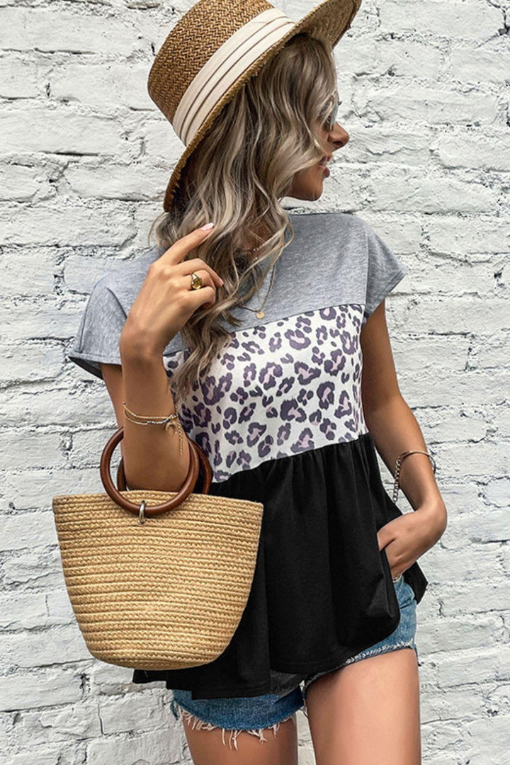 Leopard Color Block Babydoll Tee Shirt - Trendha