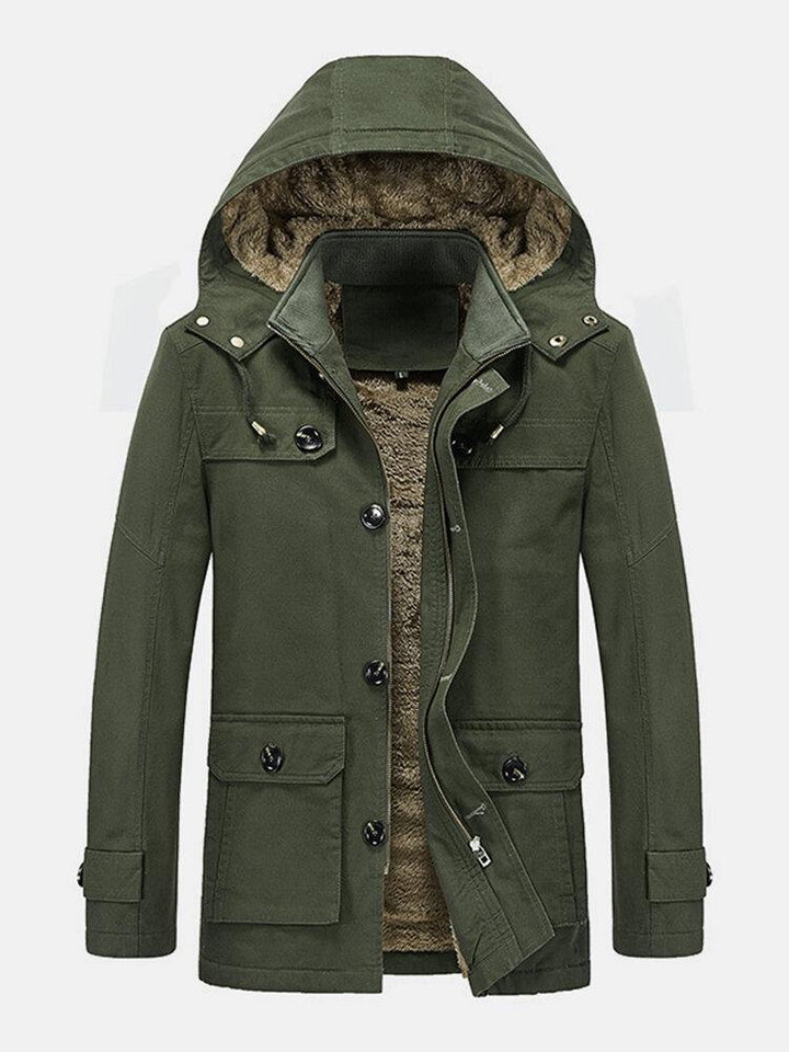 Mens Winter Thicken Fleece Lined Mid-Length Warm Parka With Removable Hood - Trendha