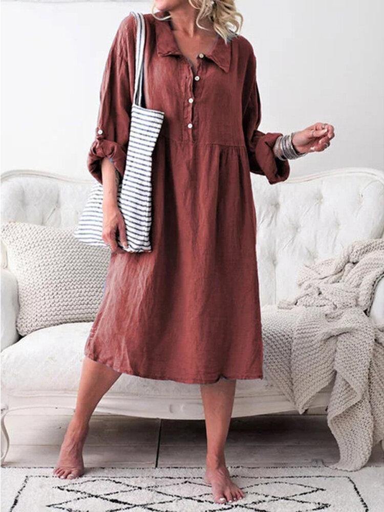 Women Long Sleeve Button Lapel Causal Shirt Dress - Trendha