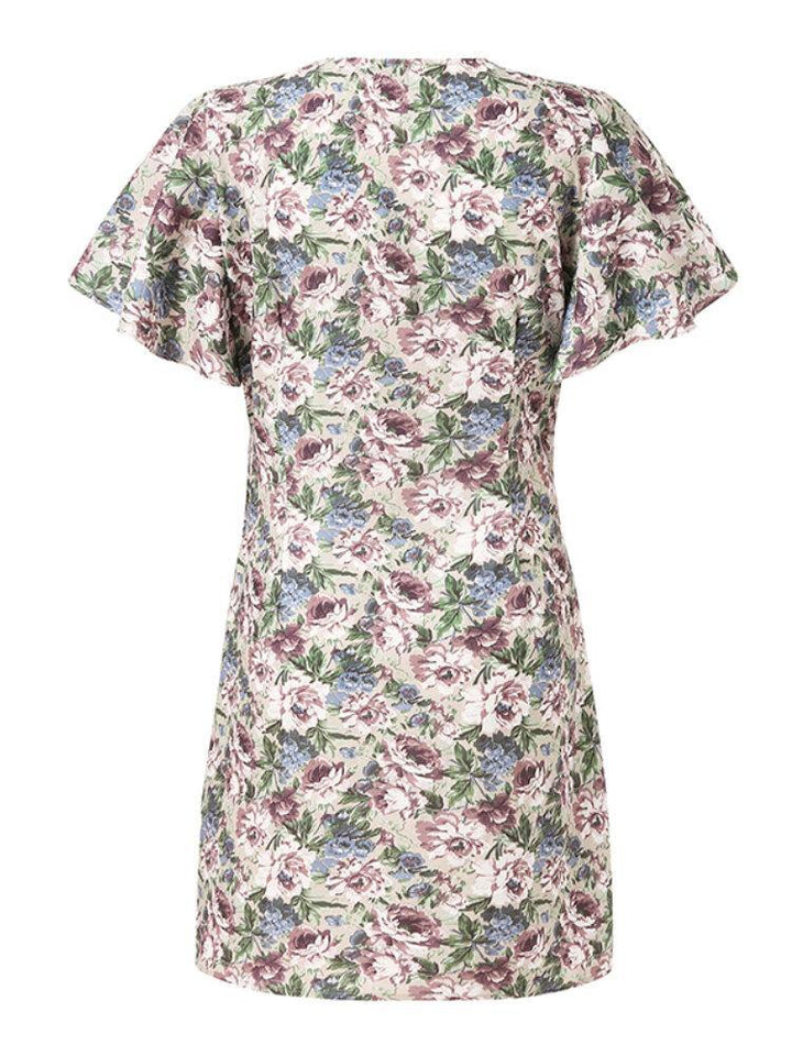 Vintage Flower Print Wrap Body Tie V-neck Short Mini Dress - Trendha