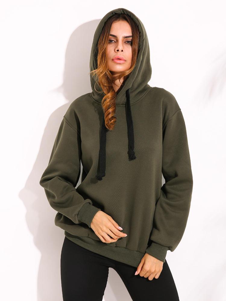 Casual Women Hooded Long Sleeve Drawstring Solid Color Sweatshirt - Trendha