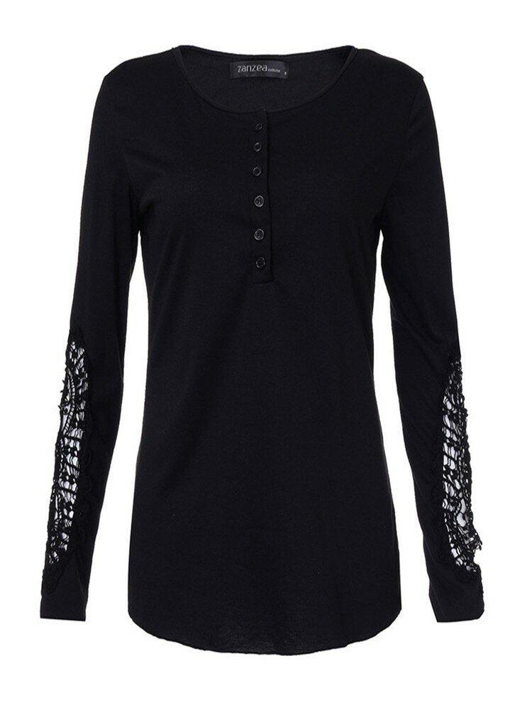 Women Long Sleeve Crochet O-neck Button Embroidery T-shirts - Trendha
