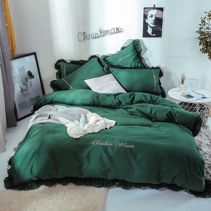 4PCS Solid Color Embroidery Lace Purfle Bedding Set Soft-smooth Duvet Cover Sheet Pillowcases King /Queen Size - Trendha