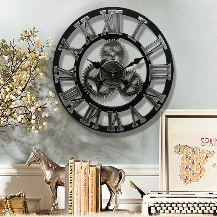 19 Inch Antique Roman Numerals Silent Wall Clock Rustic Wheel Gear Wooden Decor Clock - Trendha