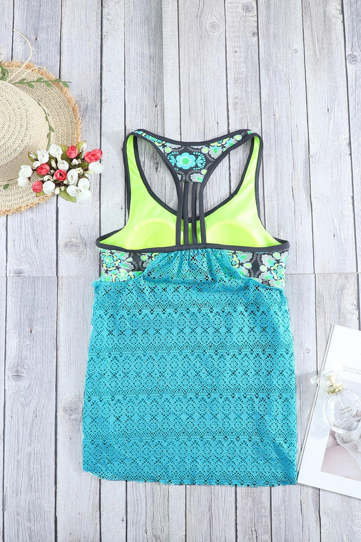 Floral Spliced Lace Tankini Top - Trendha