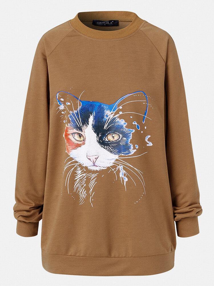 Women Cat Print Solid Color Round Neck Casual Loose Pullover Sweatshirt - Trendha