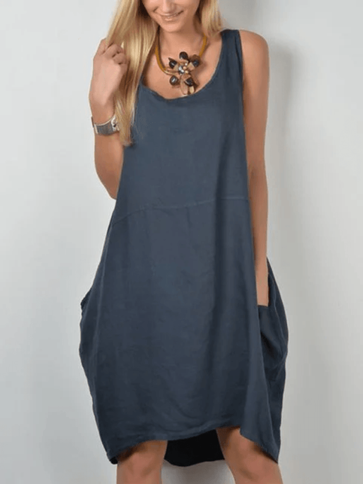 Women Solid Color Scoop Neck Big Pocket Sleeveless Casual Dresses - Trendha
