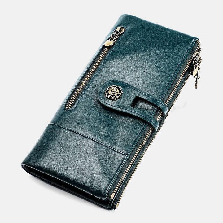 Women Genuine Leather Rfid Antimagnetic Multi-slots 14 Card Slots Zipper Bifold Long Wallet - Trendha