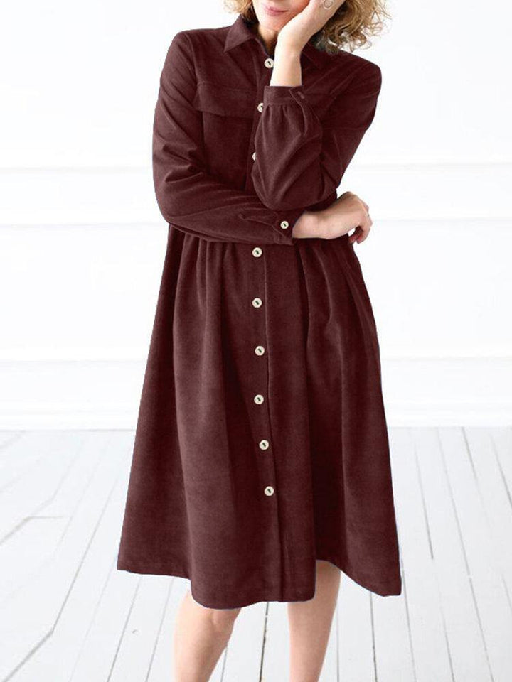 Women Corduroy Solid Color Button Up Lapel Long Sleeve Shirt Dress With Flap Pocket - Trendha