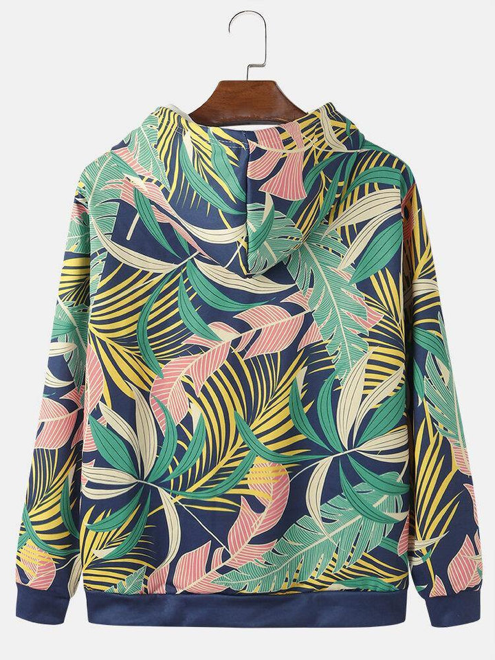 Mens All Over Plant Leaf Print Drawstring Hoodies With Pouch Pocket - Trendha