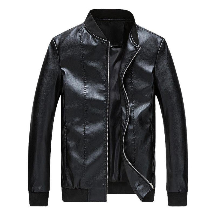Mens Slim Baseball Collar Solid Color Faux Leather Jacket - Trendha