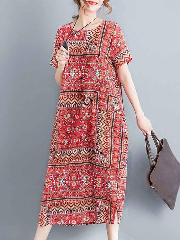 Ethnic Women Printing Cotton Vintage Dress - Trendha