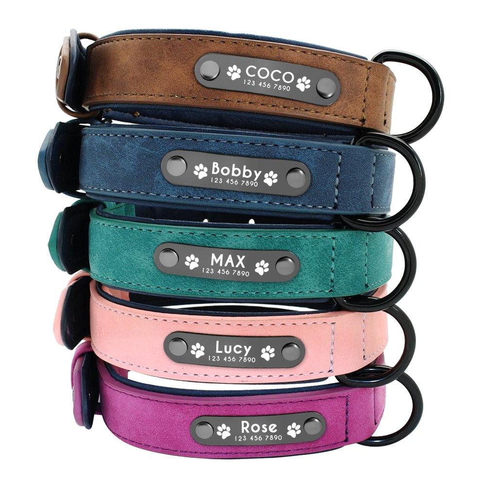 Dog's Leather Collar with ID Tag - Trendha