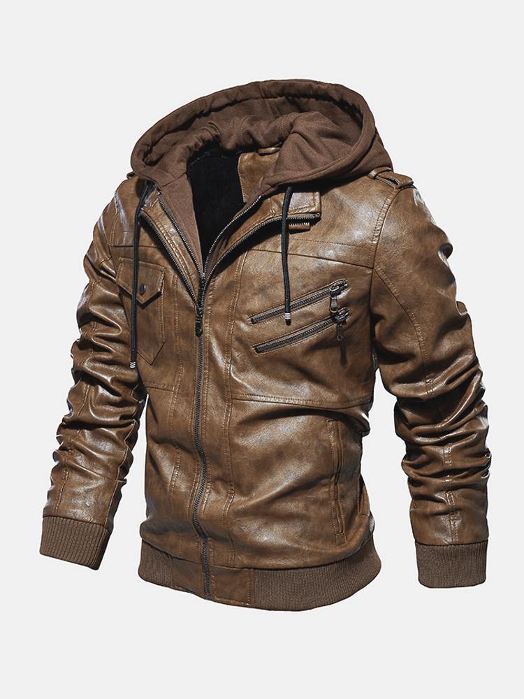 Mens Fashion PU Hooded Zipper Pocket Jacket Warm Thickened Leather Coats - Trendha