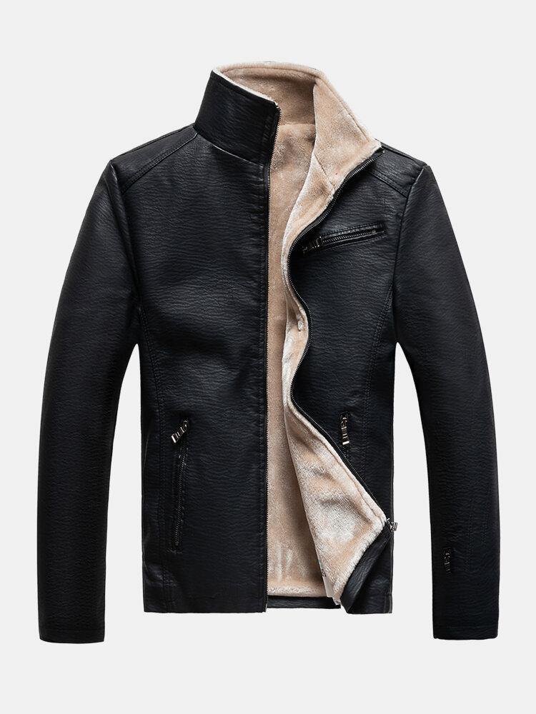 Mens Solid PU Leather Zip Front Stand Collar Thicken Biker Jackets - Trendha