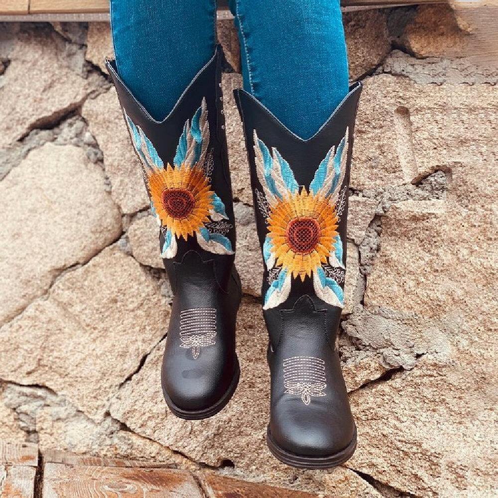 Large Size Women Sunflower Embroidered Soft Comfy Block Heel Cowboy Boots - Trendha