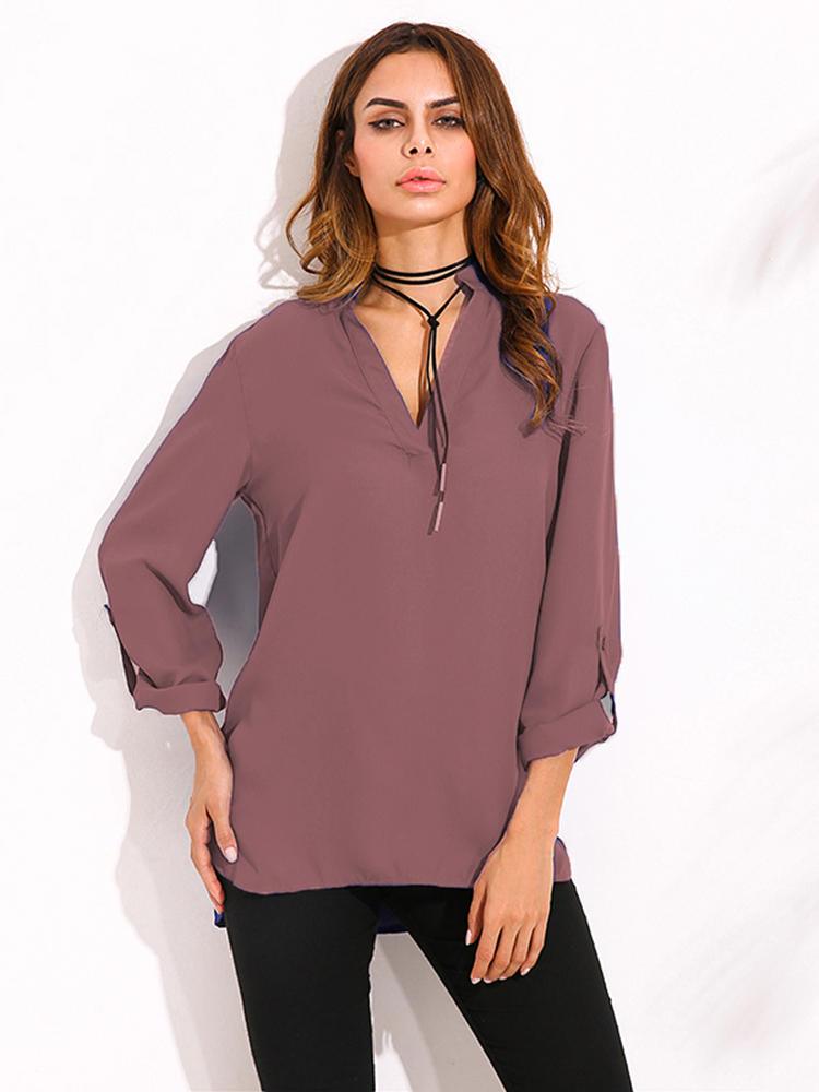 Casual Women Pure Color Adjustable Sleeve V-Neck Blouse - Trendha